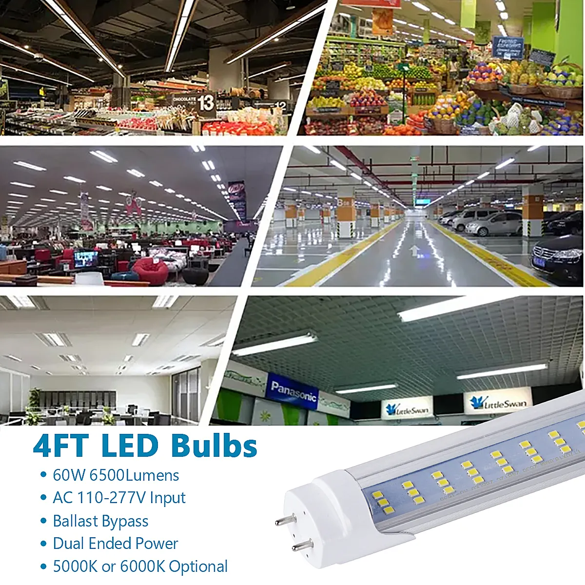 LED Light Tubes 4FT 60W, Flat 3 Row LED Chips, Lâmpadas de substituição LED para 4 pés Fluorescente, Luz de Loja de Armazém