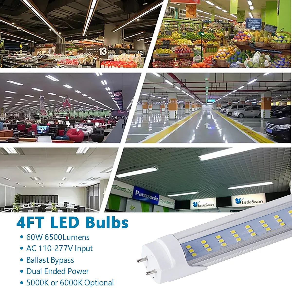 LED Light Tubes 4FT 60W ,Flat 3 Row LED Chips,LED Replacement Bulbs for 4 Foot Fluorescent Fixture,Warehouse Shop Light