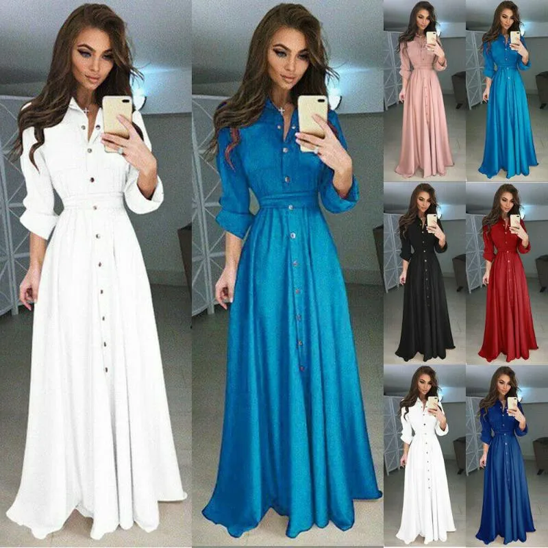 Cailey 2019 New Summer Autumn Female Buttons V Neck Long Sleeve Solid Black Red Loose Big Size Long Maxi Dress Women Fashion Trendy