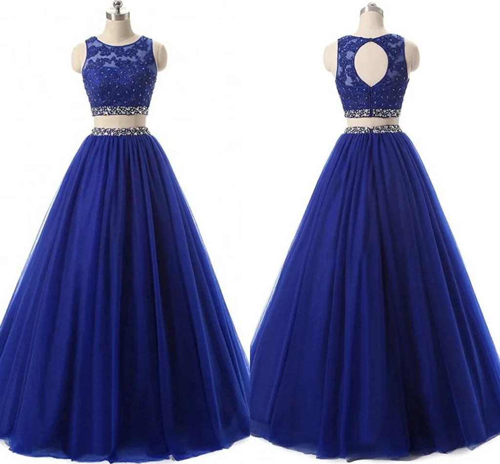 2 Peças Azul Doce 16 Vestidos Lace Cristal Beads Lantejoulas Sheer Decote Prom Dress Quinceanera Vestidos Longos A Linha de Vestidos de Noite Barato