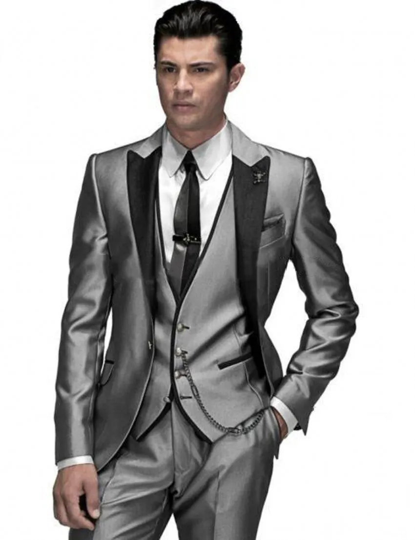 Fashion Design Silver Grey Groom Tuxedos Peak Lapel One Button Groomsmen Mens Wedding Dress Excellent Man Suits(Jacket+Pants+Vest+Tie) 359