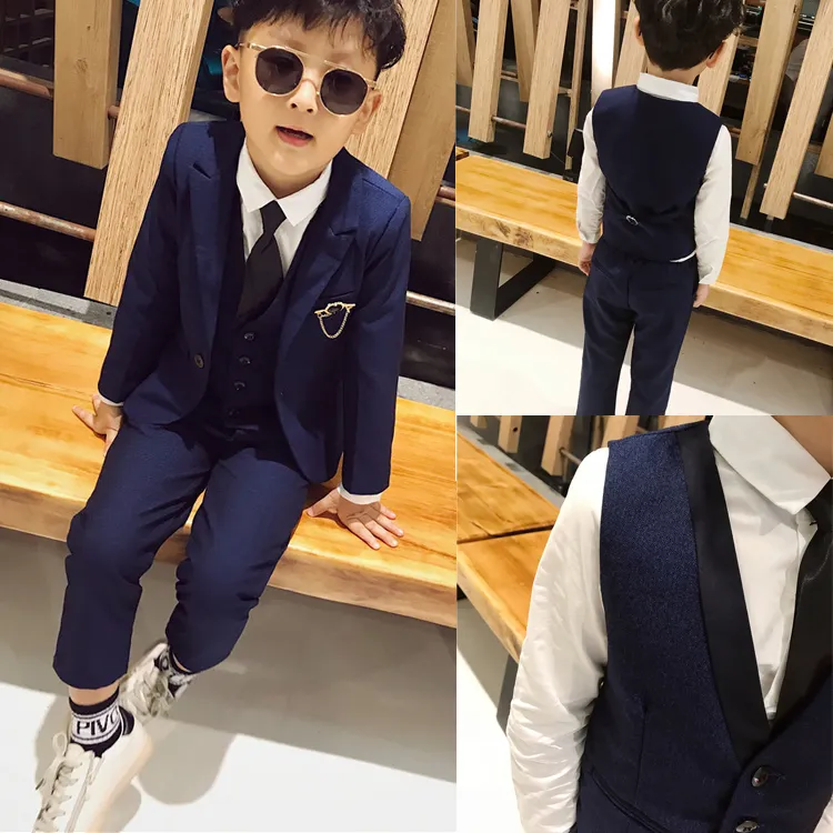 2019 alegria azul meninos usam Formal Jacket Pants 3 partes ajustadas ternos para Jantar de casamento das crianças das crianças smoking