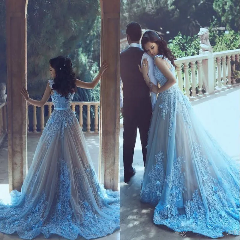 2019 Nuovi abiti da ballo principessa blu ghiaccio con applicazioni lunghe di strascico Sash Tulle Abiti per occasioni speciali Abiti da sera Abiti da sposa Said Mhamad