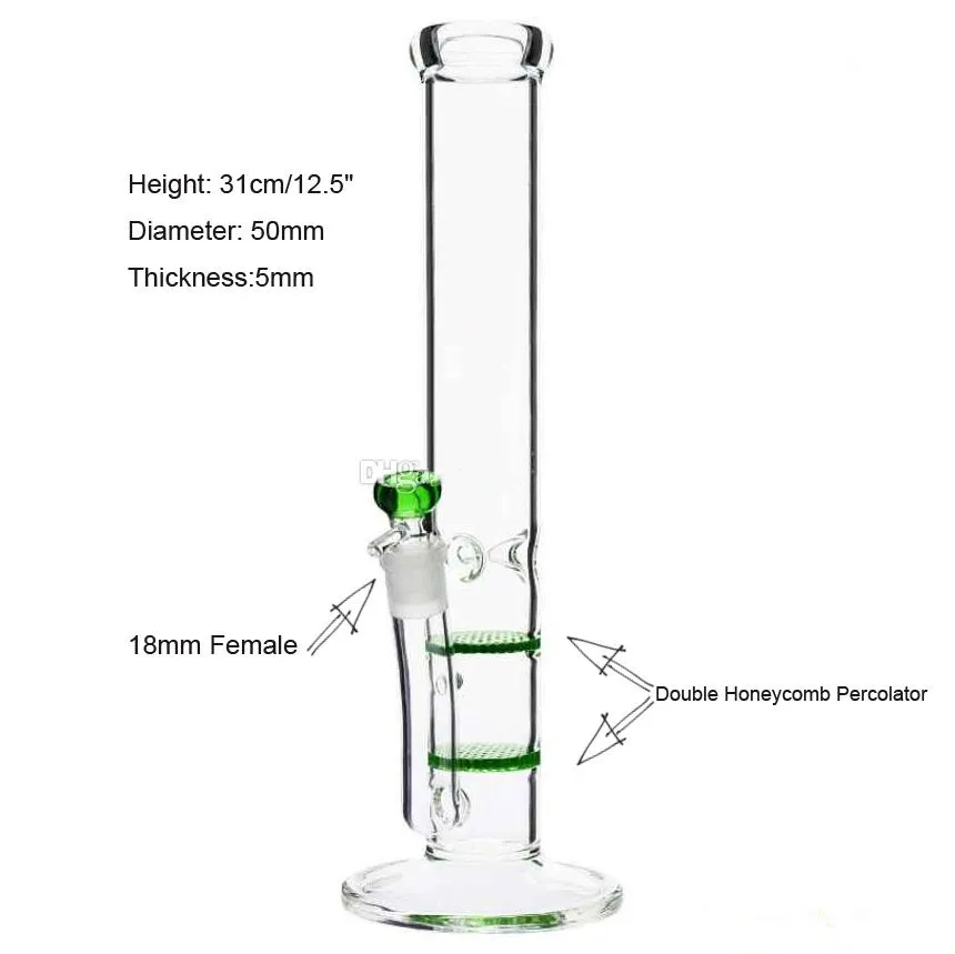 12 "Vattenrör" Läcker grön/blå Delilah "Glass Hosahs Bongs Innovativa detaljer 5mm tjock dubbel Honungskaka Percolator Bong Ice Catcher