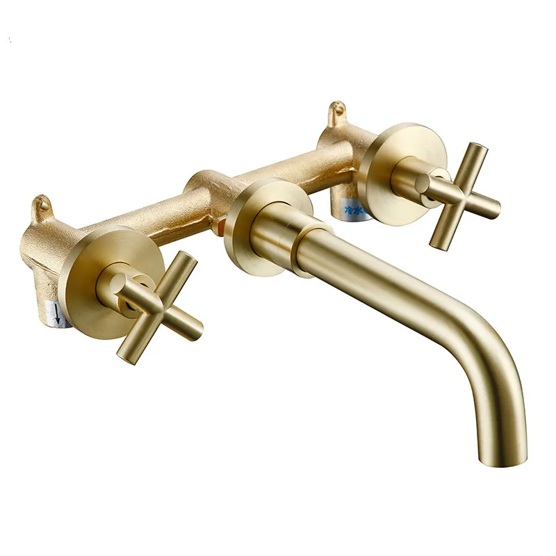 Brass Brushed Gold Basin Faucet Double Handle Brass Surface Bathroom Pool Faucet Water Bathroom Accessories257p