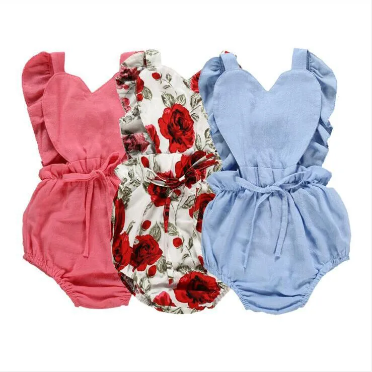 Enfants Vêtements Bébé Floral Imprimé À Volants Barboteuses Amour Coeur Combinaisons Infantile D'été Sans Manches Onesies Body Boutique Escalade Vêtements BYP471