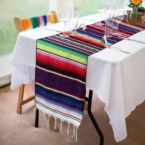 Runner da tavolo in serape messicano tessuto, decorazione per feste a tema Fiesta, tovaglia in cotone messicano, coperta blu, runner da tavolo, moda