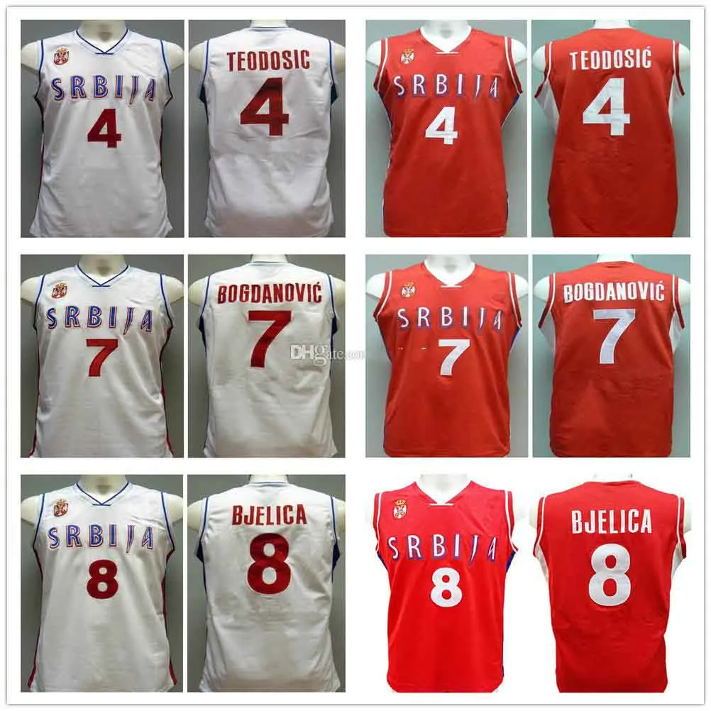 ميلوس تيودوسيك # 4 كرة السلة الفانيلة Bogdan Bogdanovic # 7 Nemanja Bjelica # 8 Team Serbia Srbija Serbio Retro Mens Stitched مخصص أي اسم