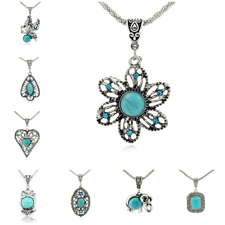 Turquoise fait à la main pétale creux chandail chaîne longue clavicule collier DAN421 ordre de mélange pendentif colliers