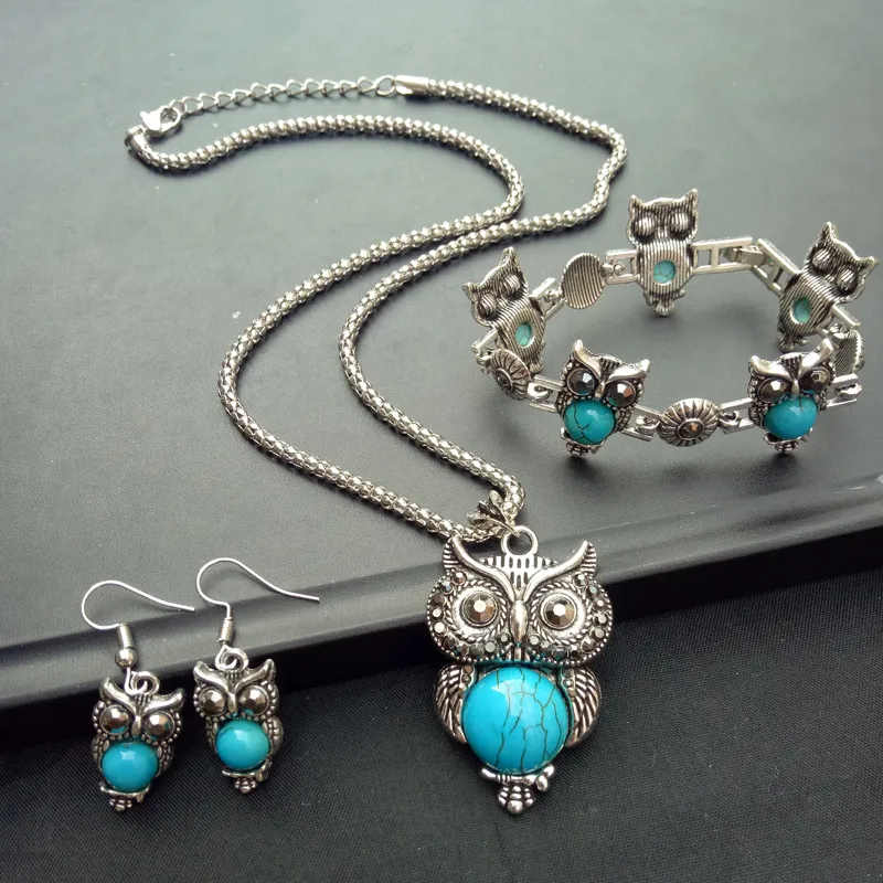 Groothandel oorbel armband ketting turquoise sets grote groene uil charme ketting sieraden sets