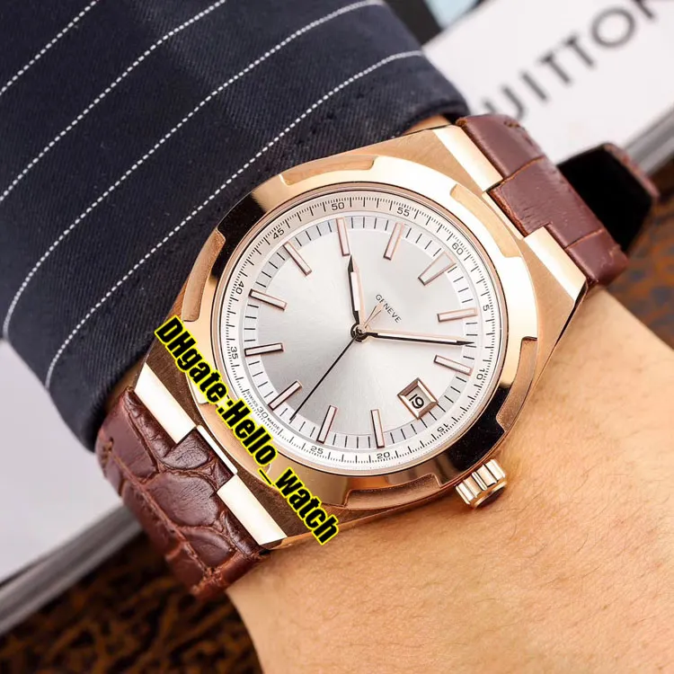 Cheap New Overseas 4500V 000R-B127 Automatic Mens Watch Data Silver Dial Rose Gold Case Brown Leather Strap Sport Relógios Olá wa233h