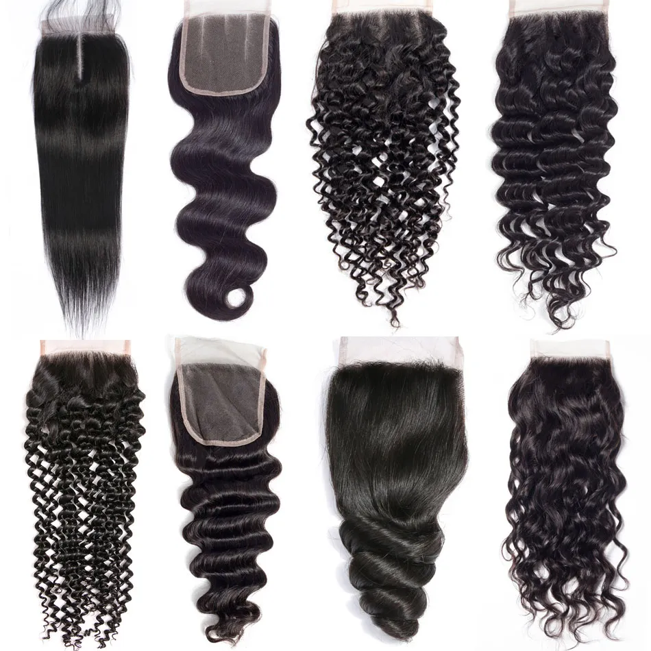 8A Virgin Human Hair Lace Closure Brésilien Péruvien Malaisien Indien Droite Vague de Corps Lâche Eau Profonde Vague Naturelle Crépus Bouclés Fermetures