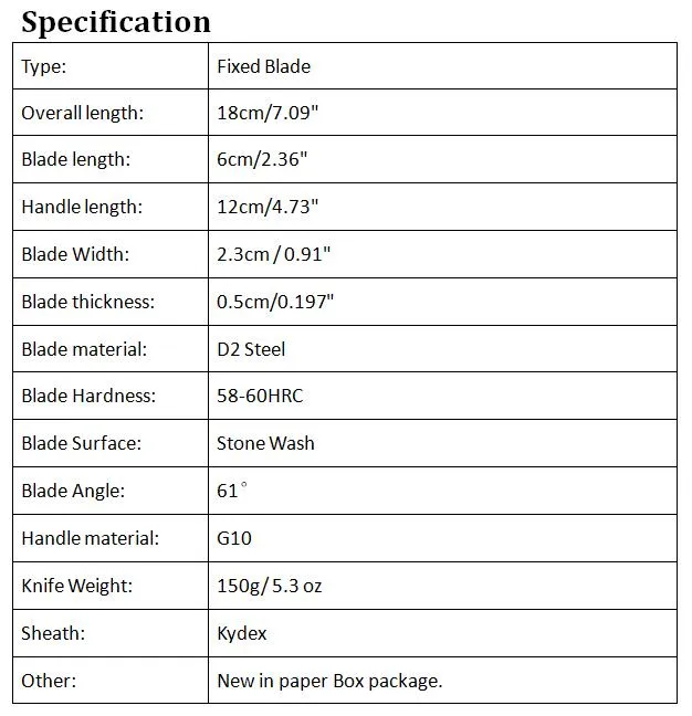 최고 품질의 작은 고정 블레이드 사냥 나이프 D2 스톤 워시 블레이드 전체 당나라 G10 핸들 야외 낚시 생존 직선 칼