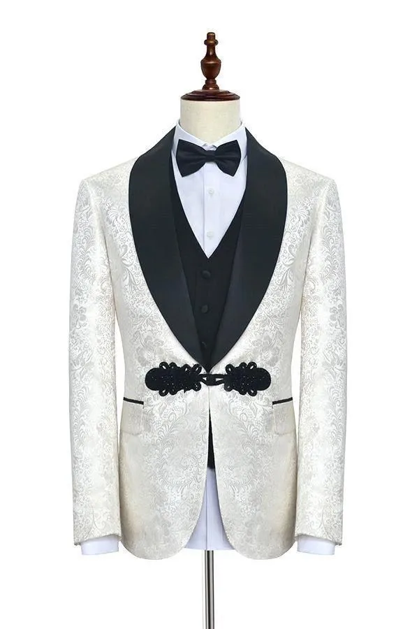 New Arrival Side Vent One Button Ivory Wedding Groom Tuxedos Shawl Lapel Groomsmen Men Suits Prom Blazer (Jacket+Pants+Vest+Tie) W47