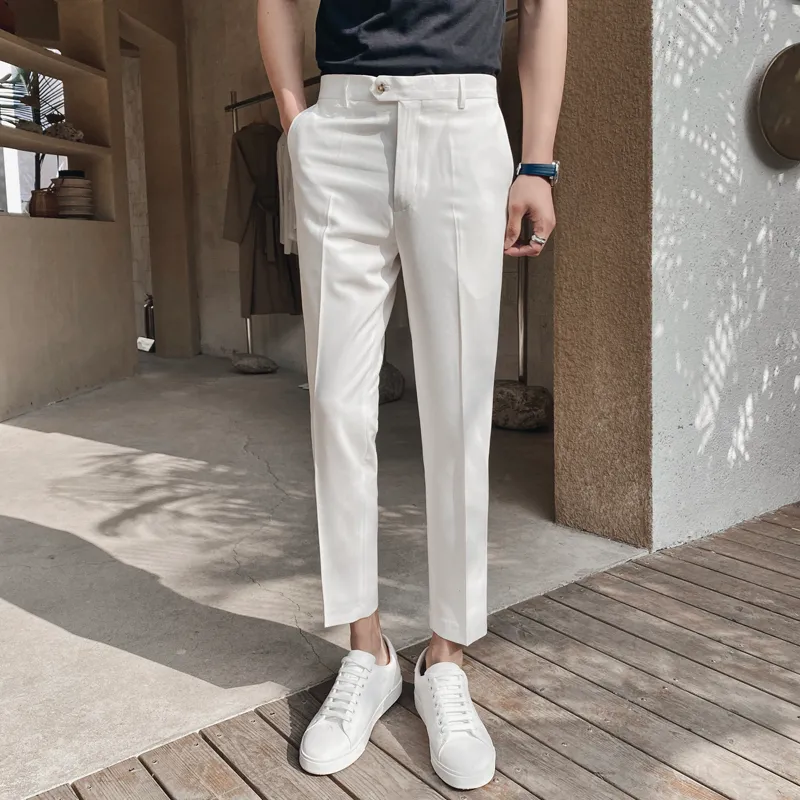 Korean White Wedding Dress Pants Men Ankle Length Casual Business