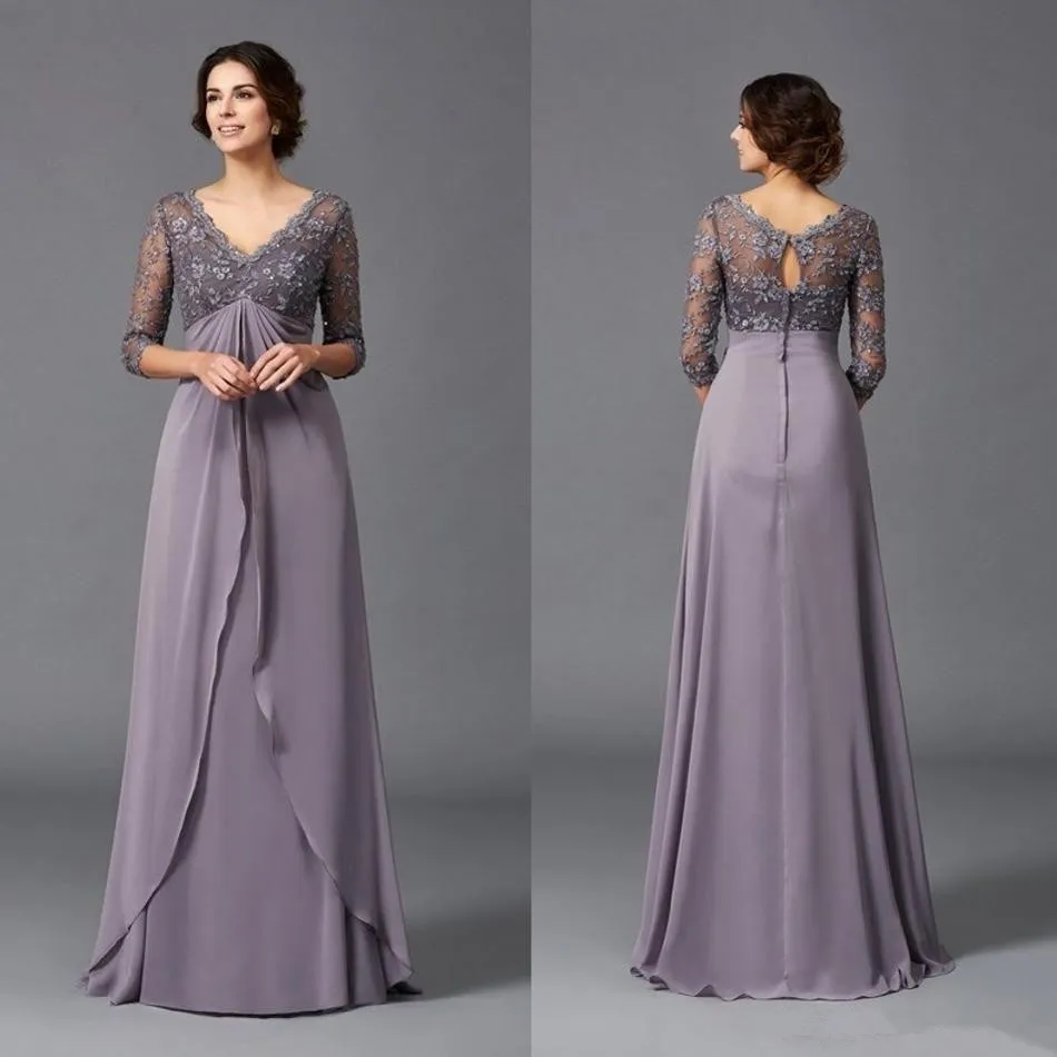 Mother Of The Bride Dress - Long Chiffon Maxi With Lace Appliques, V-Neck, Sleeves, Lilac - View #8