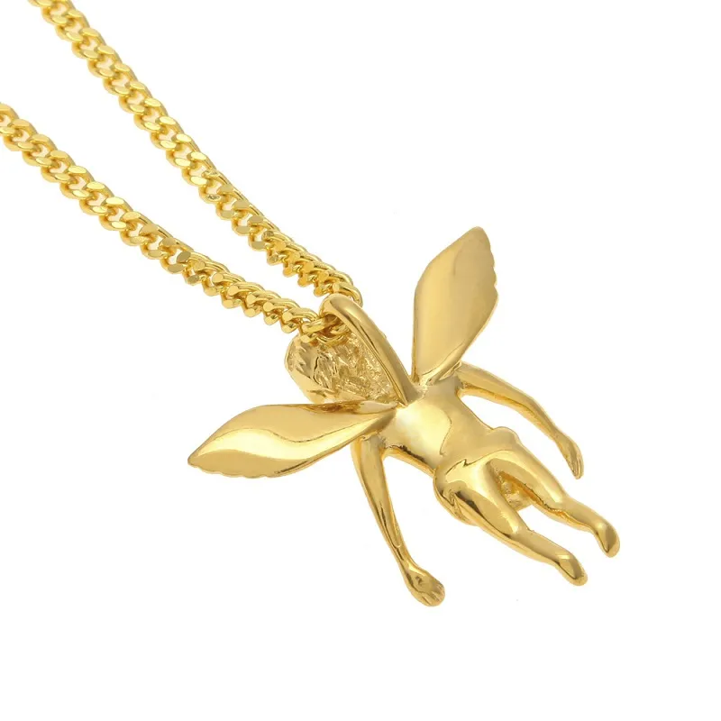 Fashion- Hip Hop Necklace Gold Stainless Steel Baby Angle Pendant Necklaces Cuban Link Chain Mens Jewelry