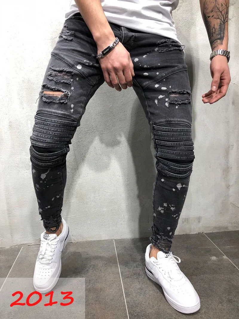 New Mens Skinny jeans Casual Slim Biker Jeans Denim Knee Hole hiphop Ripped Pants Washed High quality 