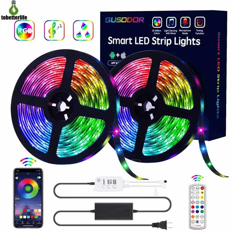 Bluetooth-LED-Streifenlichter, RGB-Lichtset, 16,4 Fuß 32,8 Fuß, 150 LEDs, SMD5050, wasserdicht, Musik-Synchronisation, Farbwechsel-Controller