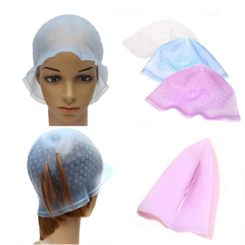 Professional Silicone Reusable Hair Colouring Highlighting Dye Cap Frosting Tipping with needle Transparent Hair Dyeing Cap Tool F3244