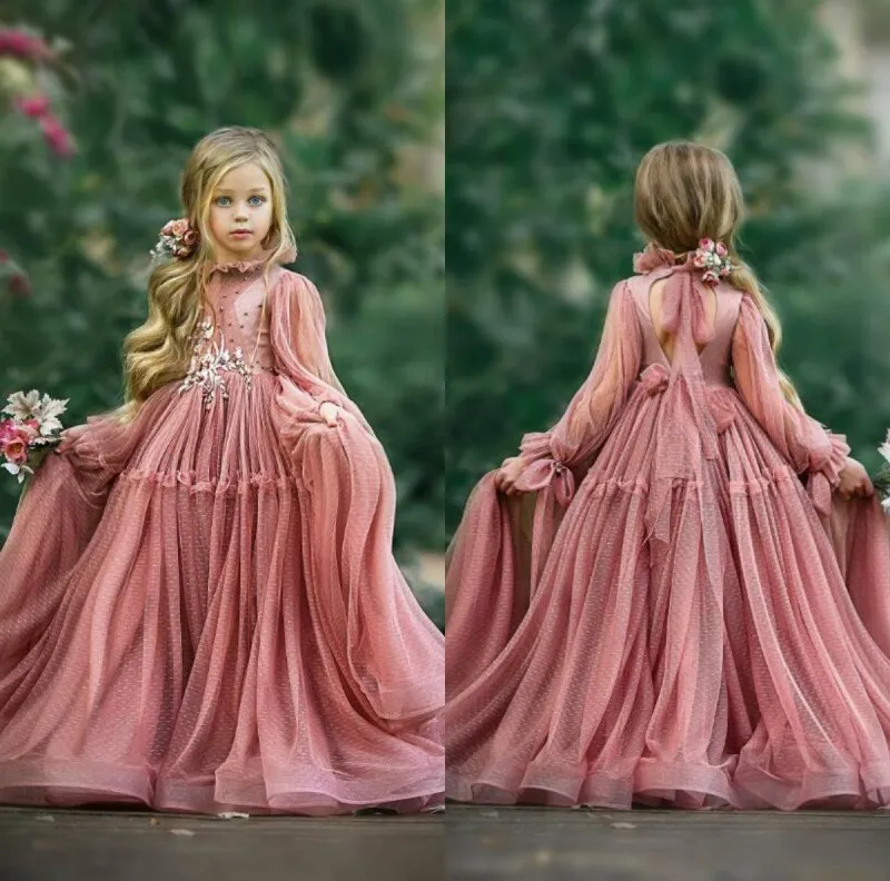 Inverno Abiti Flower Girl per Matrimoni manica lunga ragazze del merletto vestito da spettacolo Piano Lunghezza bambini vestito comunione di compleanno