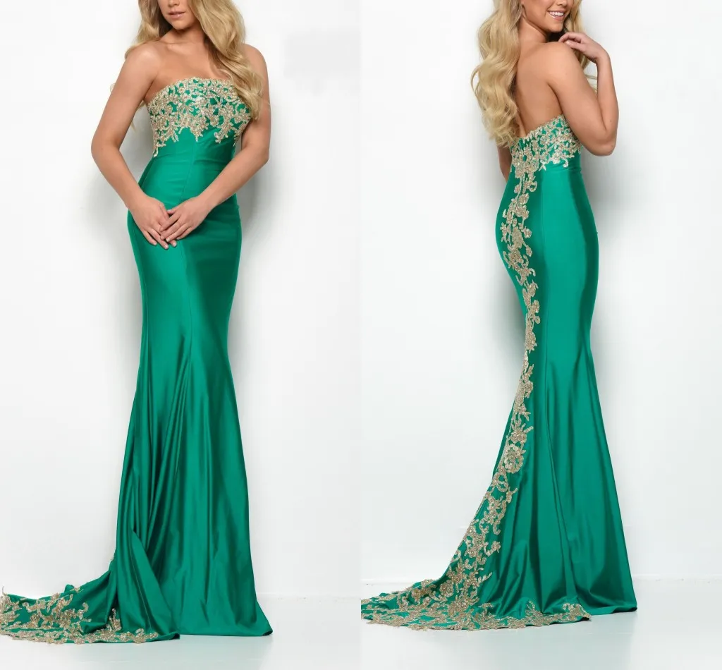 Green Gold Lace Strapless Dresses Evening Wear 2022 Trumpet Mermaid Prom Dress Evening Elegant Formal Dress Special Occasion Women Vestidos