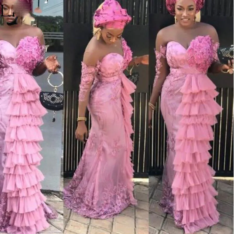 Nigerian-de-rosa da sereia Vestido Plus Size Aso Ebi camadas Tulle Querida Lace Vintage Formal Prom Vestidos Vestido Abendkleider