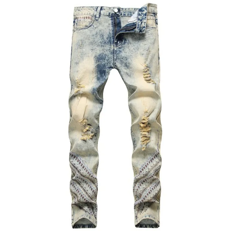 Jean homme bleu clair rétro marée National Sylish brodé déchiré droit Stretch pantalon lavé Vintage