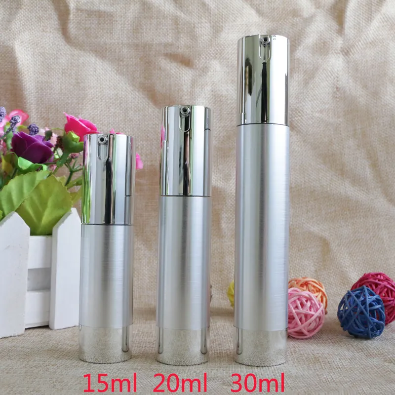 15ml 20ml 30ml glänsande silverluftfria återfyllningsbara flaskor Tunna friska resor tomma kosmetiska behållare för 10st / parti