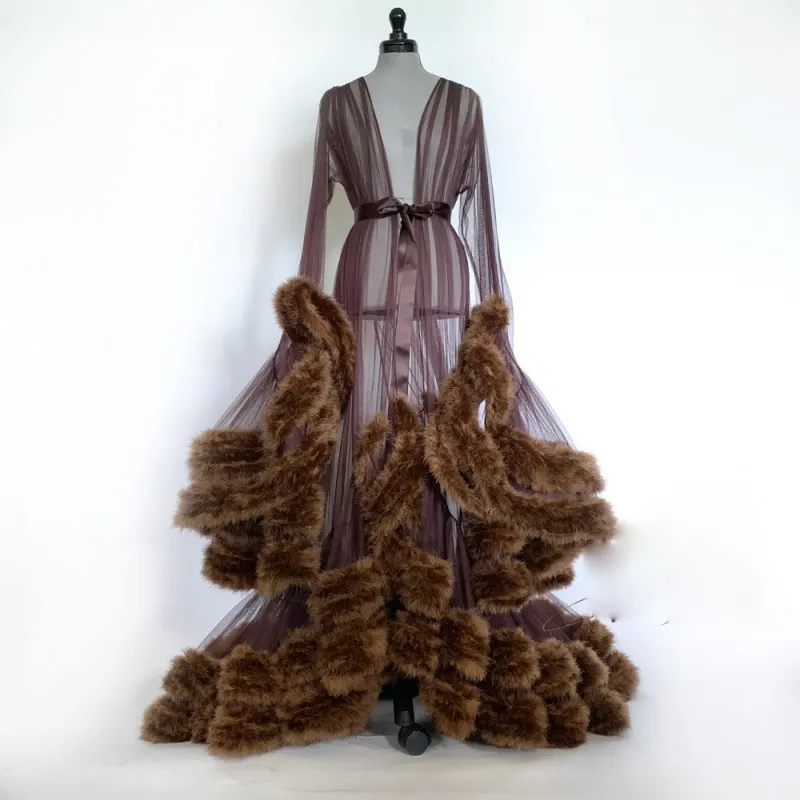 BEGELM ビジルム fake fur long gown brown Glitter-Embellished Long Prom Dress with Corset Bodice