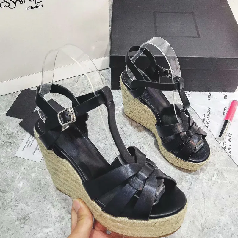 Kobiety Designer Sandały z logo i pudełka Moda Luksusowe buty damskie Wysokie obcasy T Strappy Trykotowe Słomy Woven Buty Wedge