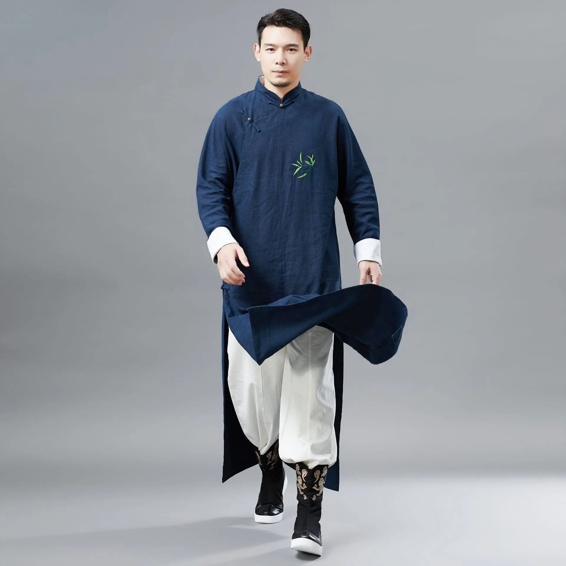 Men's Chinese Style Long Cotton Hanfu Robe, Stand Collar, Bamboo ...