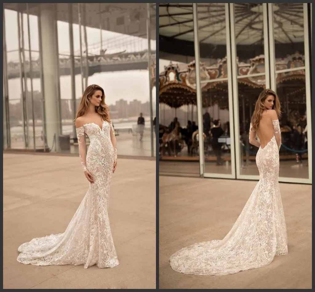 2020 New Berta Vestidos de Noiva Sweetheart Decote Das Mangas Longas Backless Vestidos Bridais Varredura Renda Lace Appliqued Sereia Vestido de Noiva