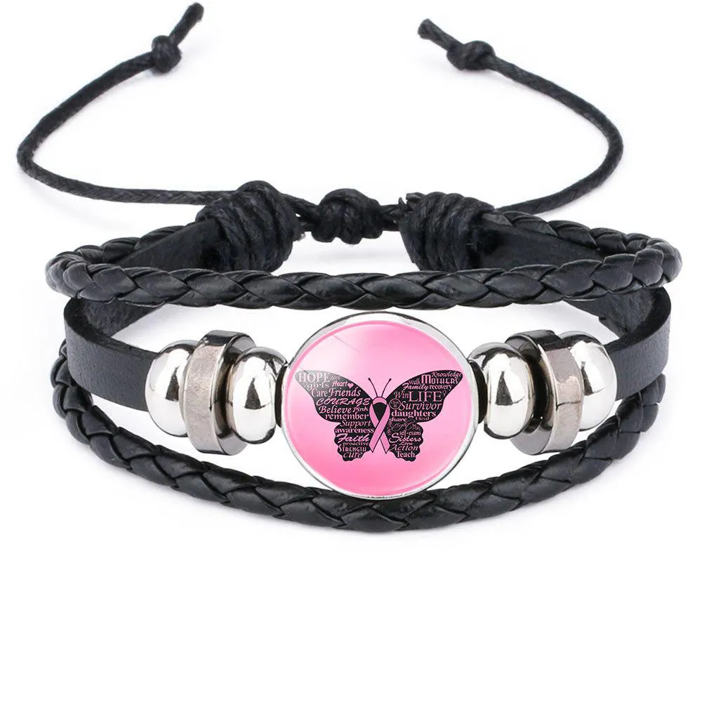 New Breast Cancer Awareness Bracelet For Women Ribbon charm Faith Hope Love Braided leather rope Wrap Bangle Fashion Jewelry5358984