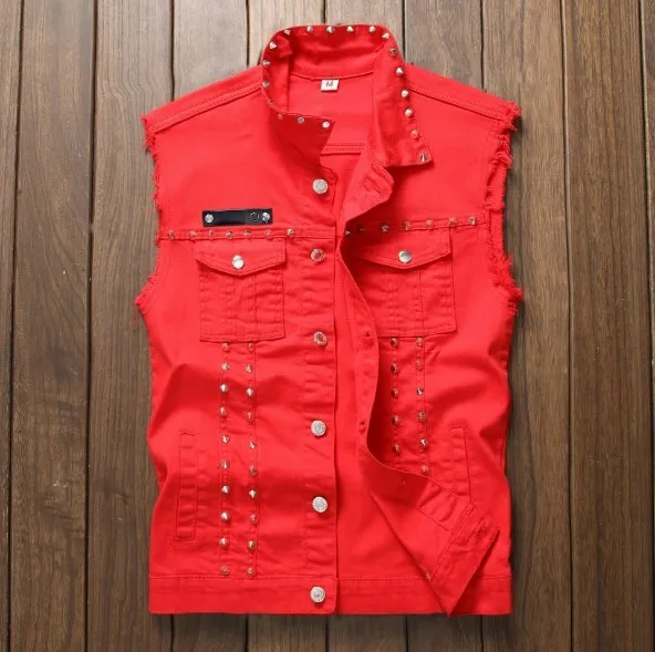 Mens Vests Red Black White Hip Hop Rivet Denim Vest Men Slim Fit Coats