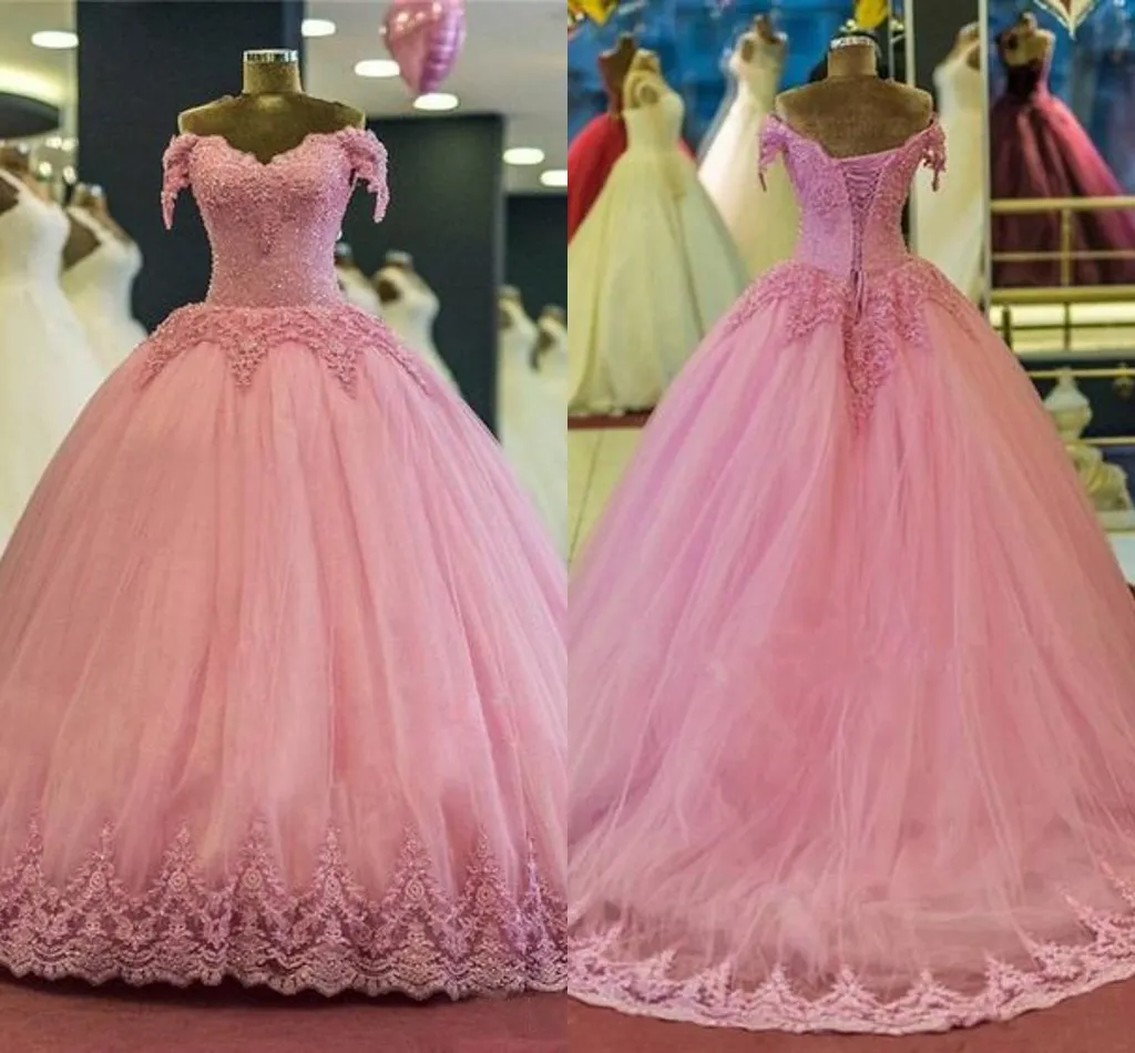 2020 المغبرة الوردي الجلباب دي سويريه فساتين quinceanera الباردة الكتف زين الرباط مشد الظهر مطرز العربية دبي حزب أثواب حفلة موسيقية الكرة أثواب