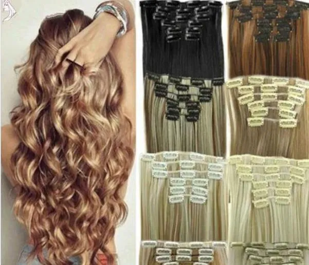 Long Wavy 16 Clips Hair Extensions Clips in 7Pcs/Set Synthetic High  Temperature Fiber Black Brown