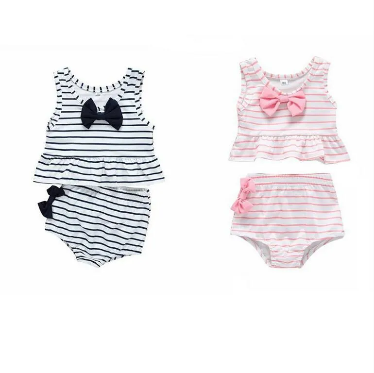 Girl Swimwear Crianças Listrado Swimsuit Two-Peça Bebê Bowknot Sem Mangas Banhos De Banho De Verão Princesa Princesa Beachwear Bikini Suits D857