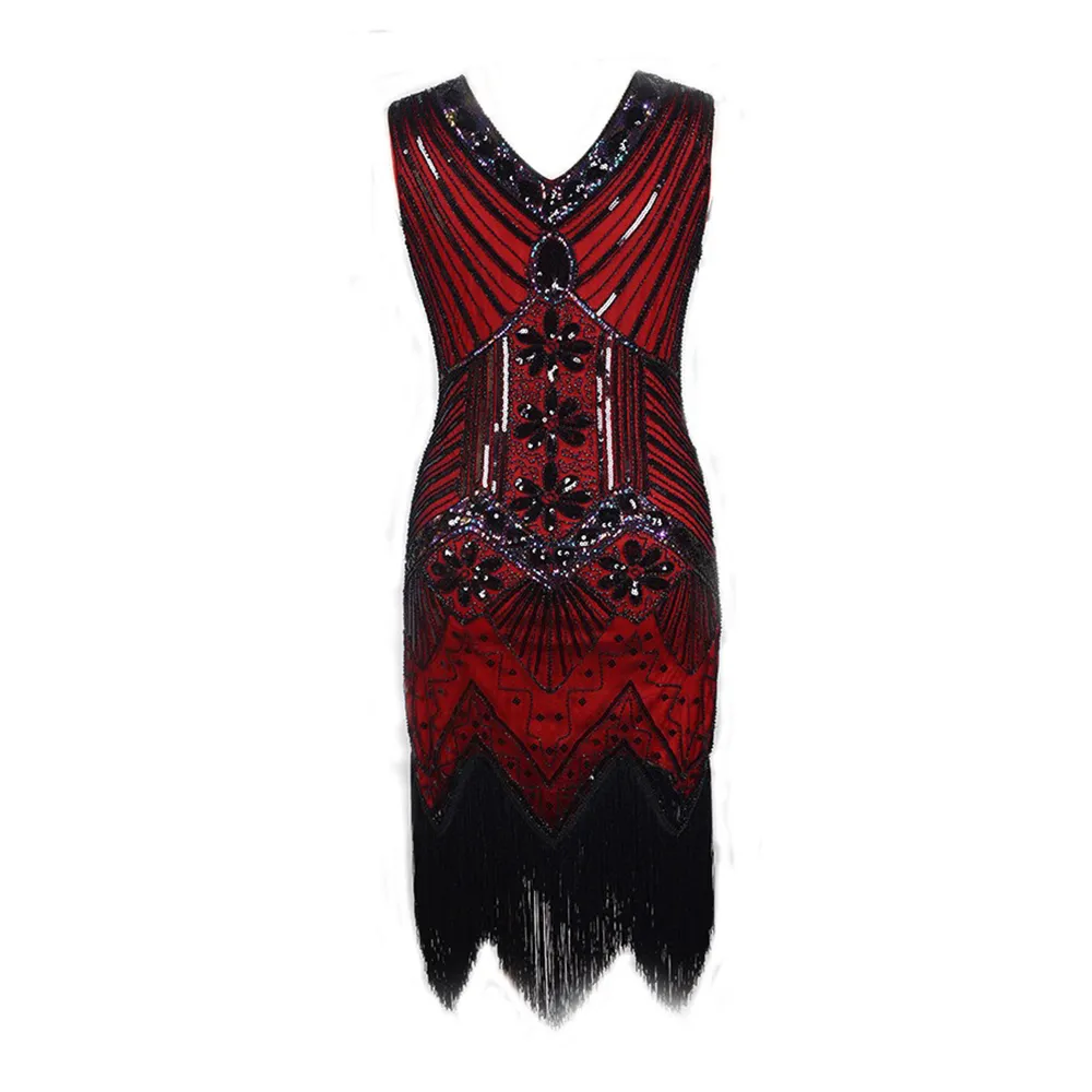 Gatsby - Abito da donna anni '20, con paillette, con frange, con spallina, sexy, corto, latino, salsa, Colore: rosso, Taglia unica