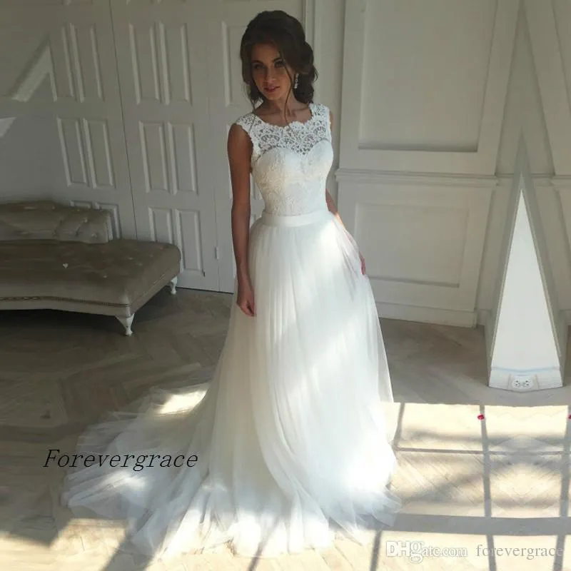 2019 Vestido de novia largo de corte en A, elegante, suave, de tul, sin espalda, encaje, vestido de novia hecho a medida de talla grande