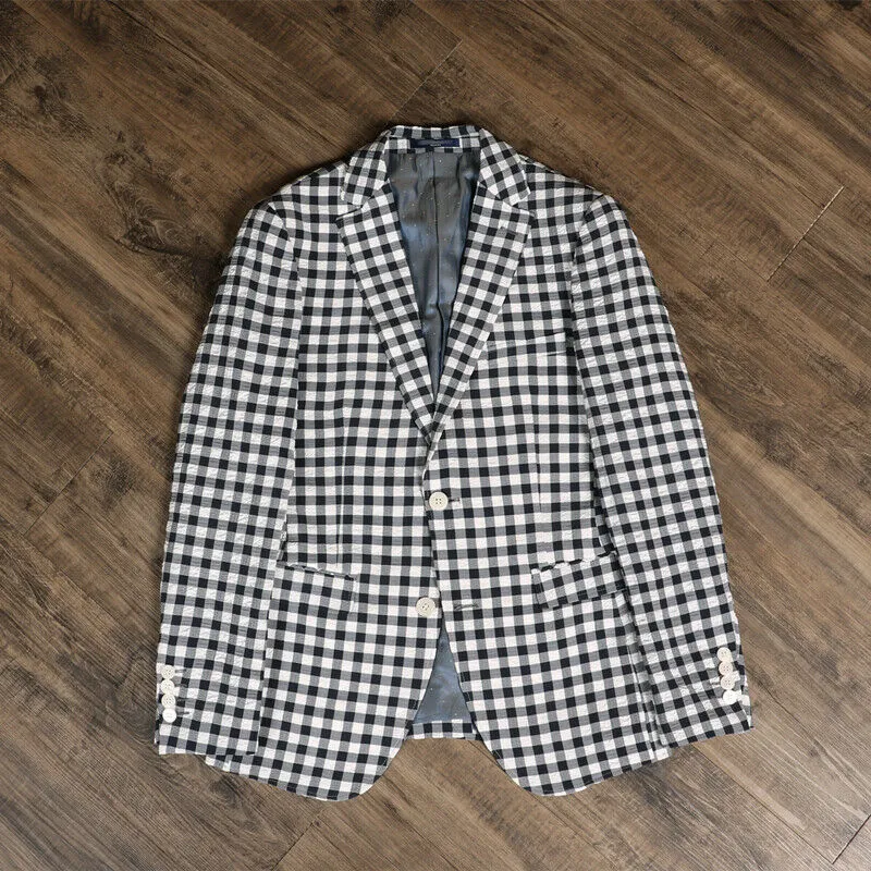 Black White Plaid Summer Linen Mens Blazer 2 Button Leisure Sports Suit Jacket Coat 2024