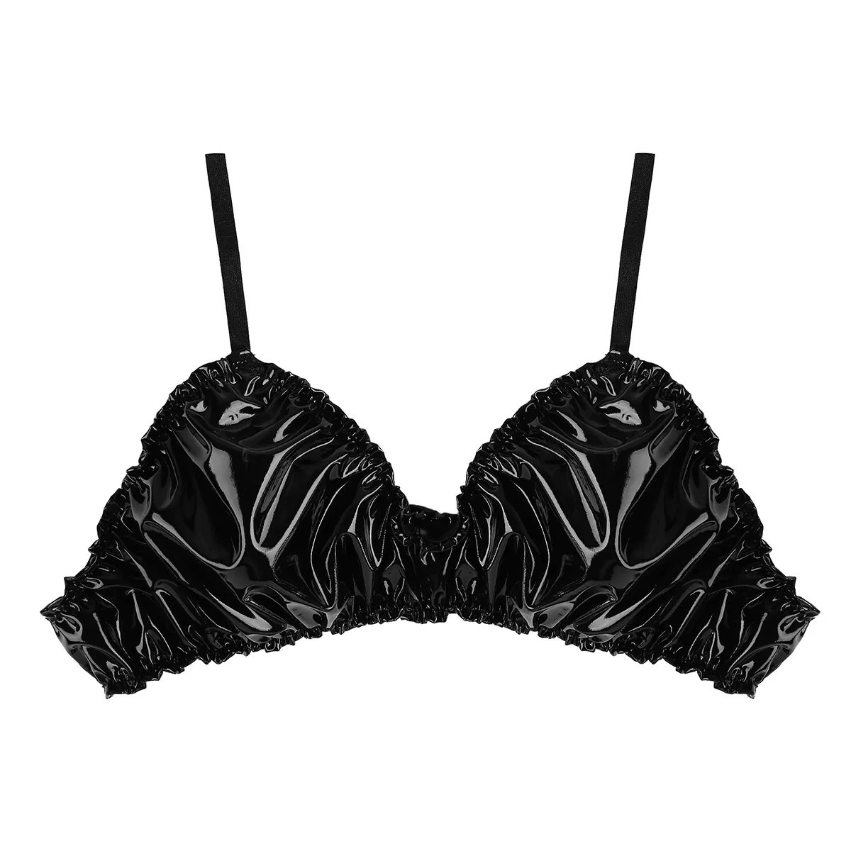 Sexy Mens Wetlook Faux Leather Ruffled Lingerie Set Gay Sissy Latex Bra Tops With Bikini Briefs Underwear Male Panties288G