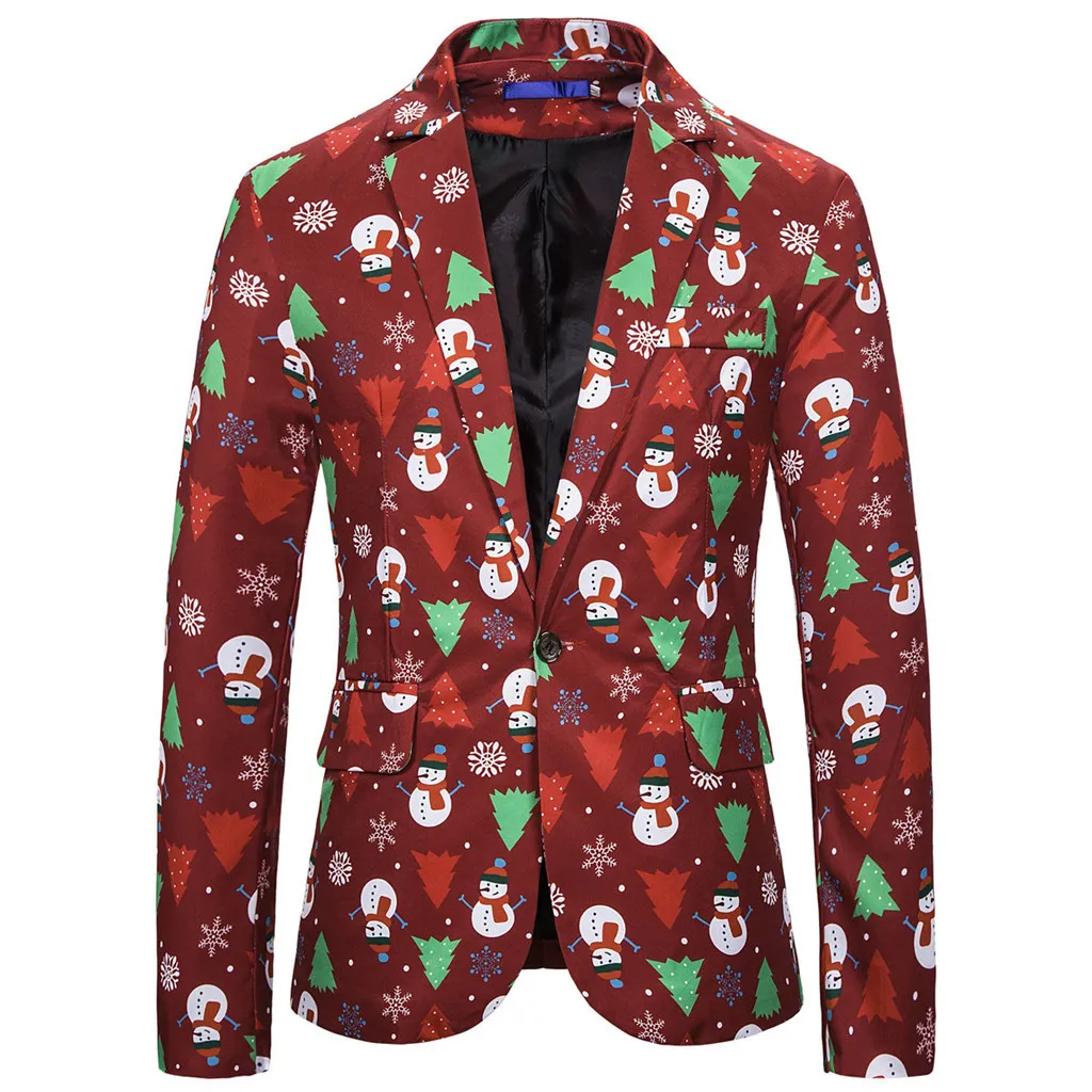 Mens Christmas Blazers Fashion Winter Contrast Color Printed Jackets Long Sleeve Coats Top Blouse Male Clothing