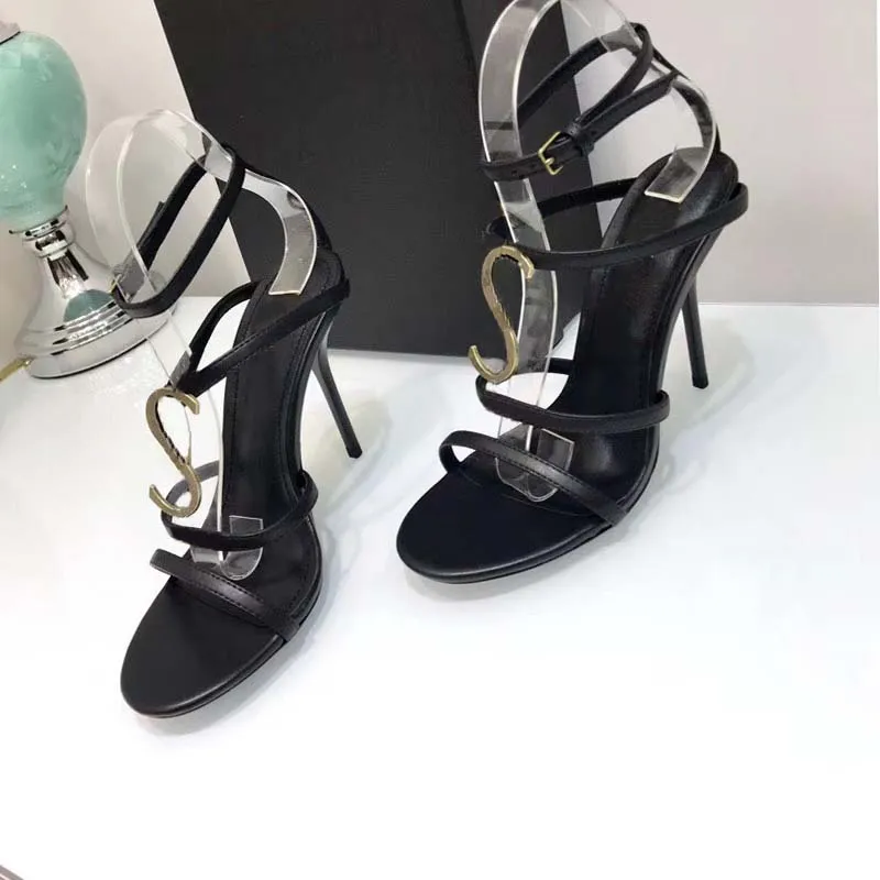 Custom made Top quality suede inside luxury designer metal strip Black Patent Leather Thrill Heel Pumps Women Tribute Leather Sandals.