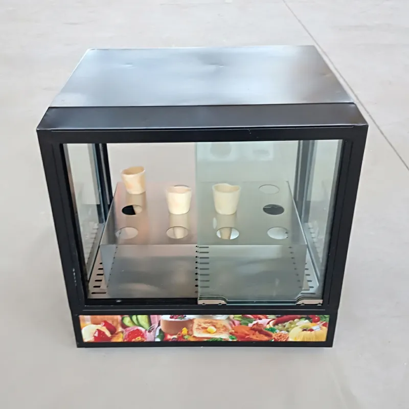 Commercial square insulation double door display cabinet cooked food display electric glass box burger chicken leg wings egg tart heating