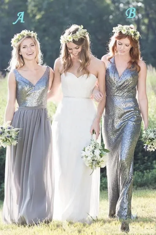 gold and silver bridesmaid dresses A-Line/Princess V-Neck Long Sleeves Floor-Length Bridesmaid Dresses wi main image 0