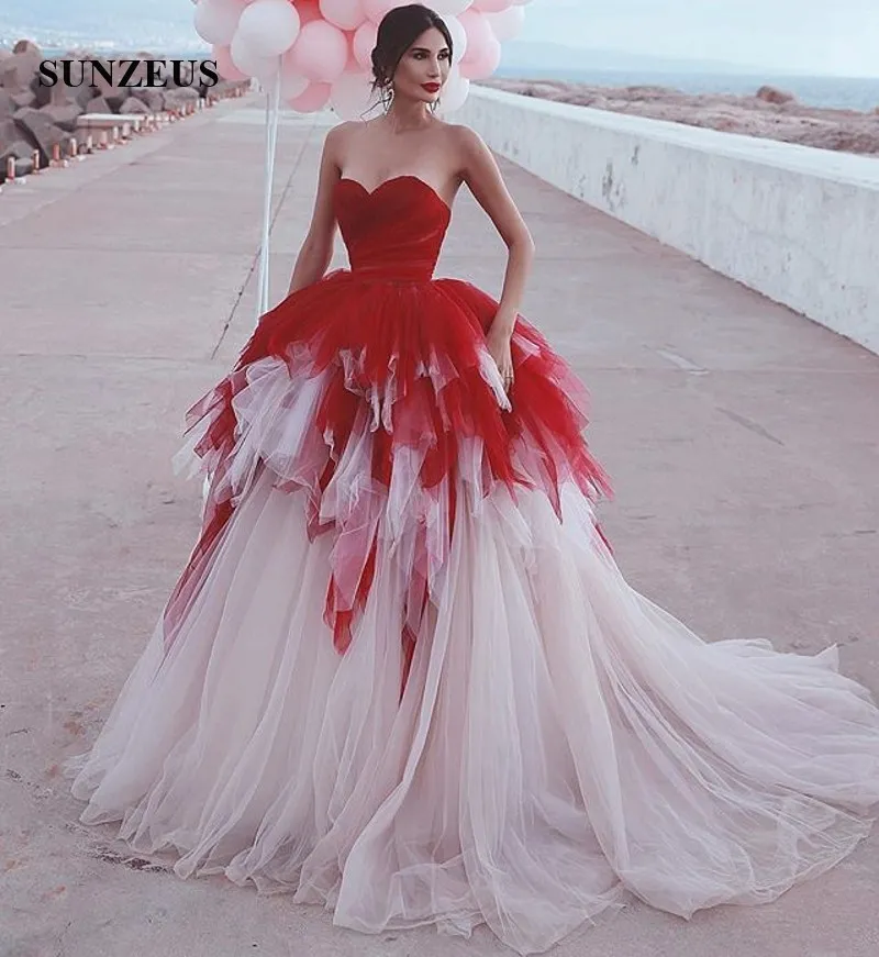 Red Lace Wedding Dress with Ivory Tulle, Strapless Sweetheart