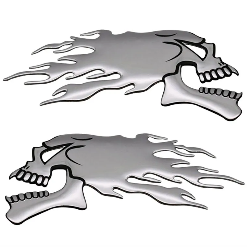 2pcs / paire 3D Chrome Ghost Fire Skull Head têtes Auto Motorcycle Sticker Emblem Emblem Decques pour Haley Honda Kawasaki Suzuki