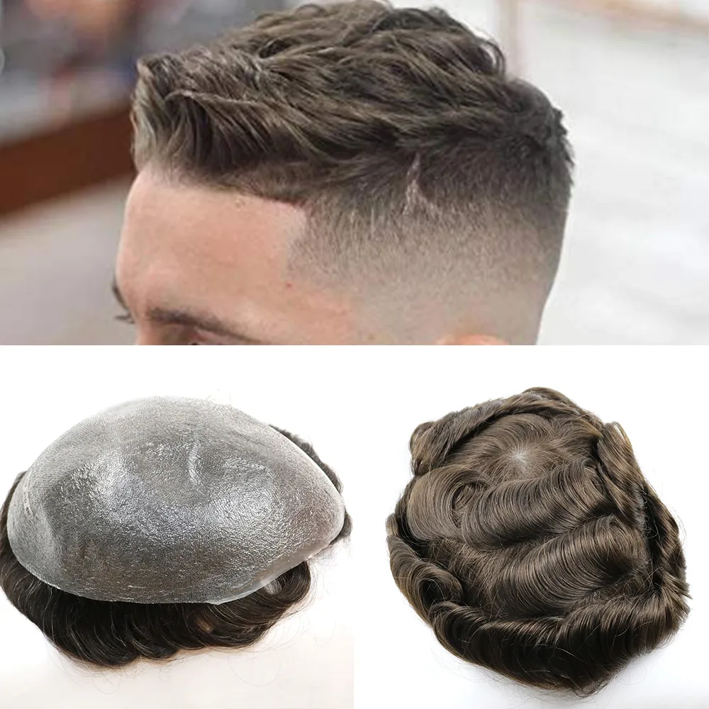 Toupee para homens com 100% Human Hair 0.02-0.03mm Ultra Fino Pele V-Loops Sistema Substituição