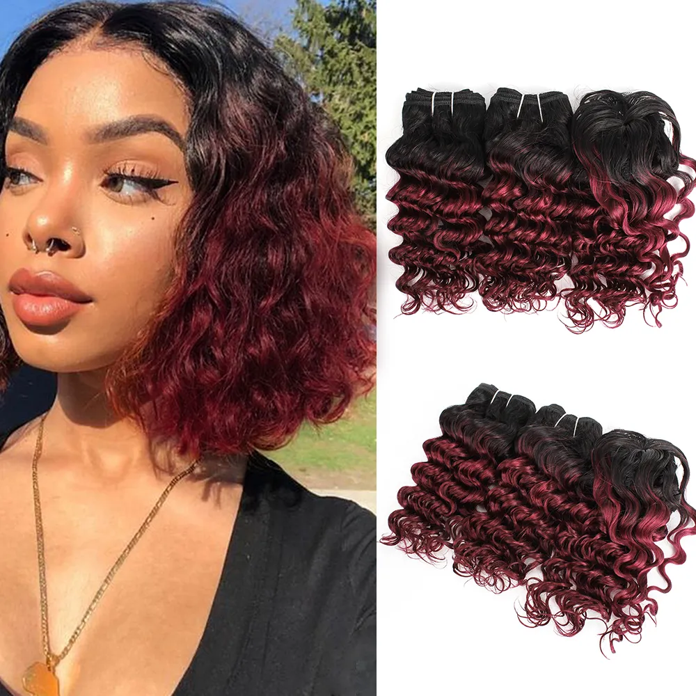 Brasilianska Deep Curly Hair Weave Bundlar Mänskliga hårbuntar Ombre Burgundy 3pcs / Set för Full Head 8-10 tum Remy Mänskliga hårförlängningar